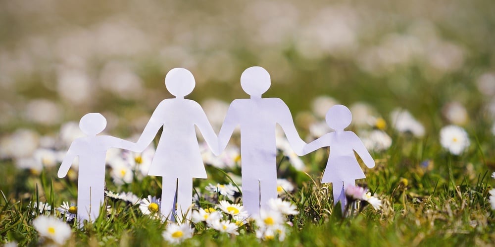 Paper cut of family with flowers background on a green grass.Family Life Insurance.Protecting family