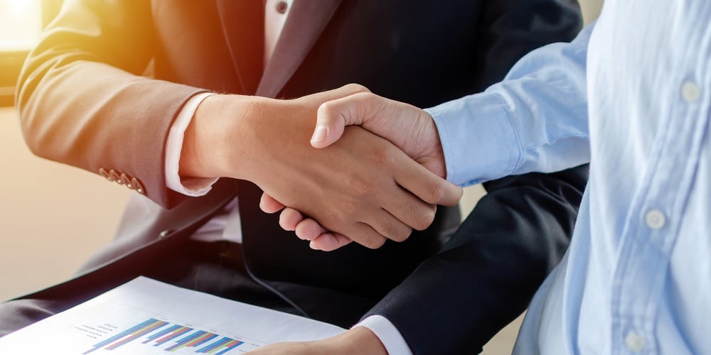 Partnership. Two Business Man Investor Handshake Deal With Partner After Finishing Up Business Meeti