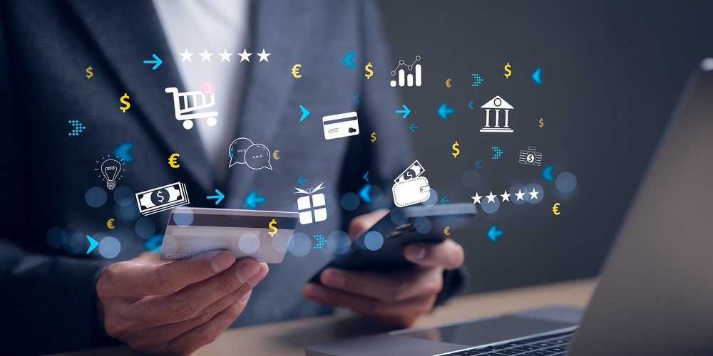 Payment Online Concept. Business People Using Mobile Phone With Credit Card