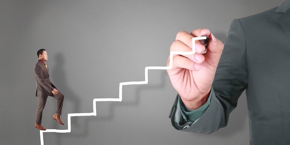 Personal Development Concept. Future Success. First Step. Businessman Running Climbing Stair For Suc