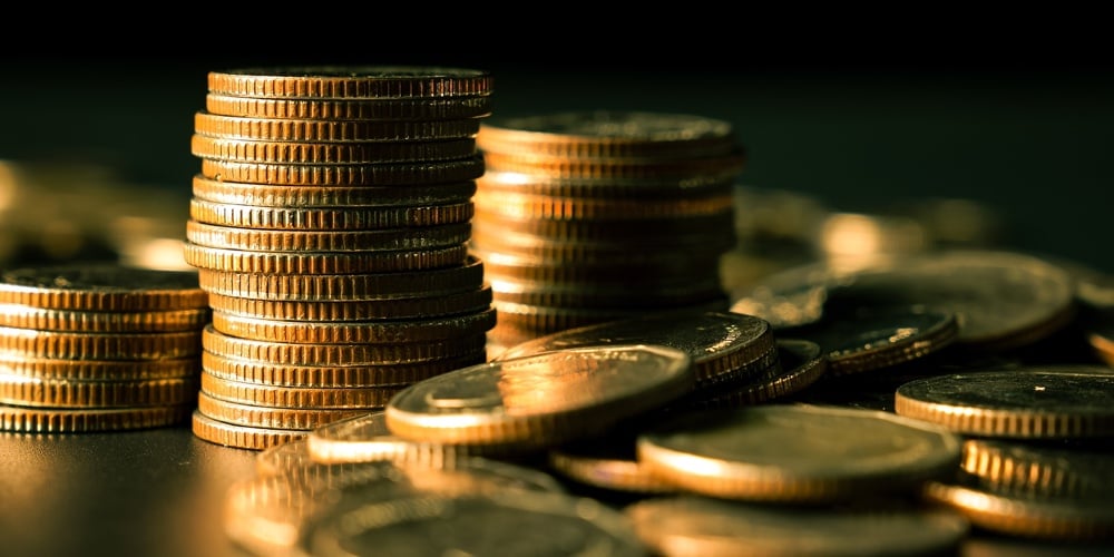 Pile Of Gold Coins Money Stack In Finance Treasury Deposit Bank Account Saving . Concept Of Corporat