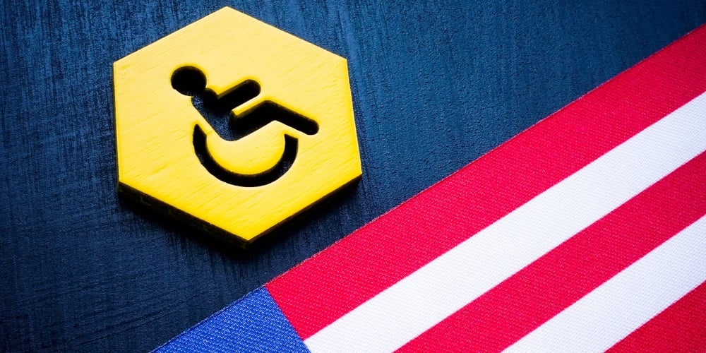 Plate With Disability Person Sign And The Usa Flag.