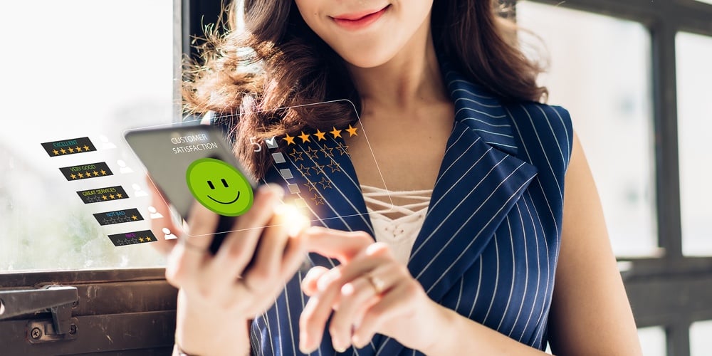 Portrait Of Customer Woman Use Smartphone And Give Feedback Icon Satisfaction Survey And Customer Se