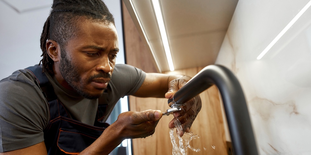 Portrait Of Young African Plumber Trying To Stop Strong Water Leak From Black Kitchen Faucet. Intens