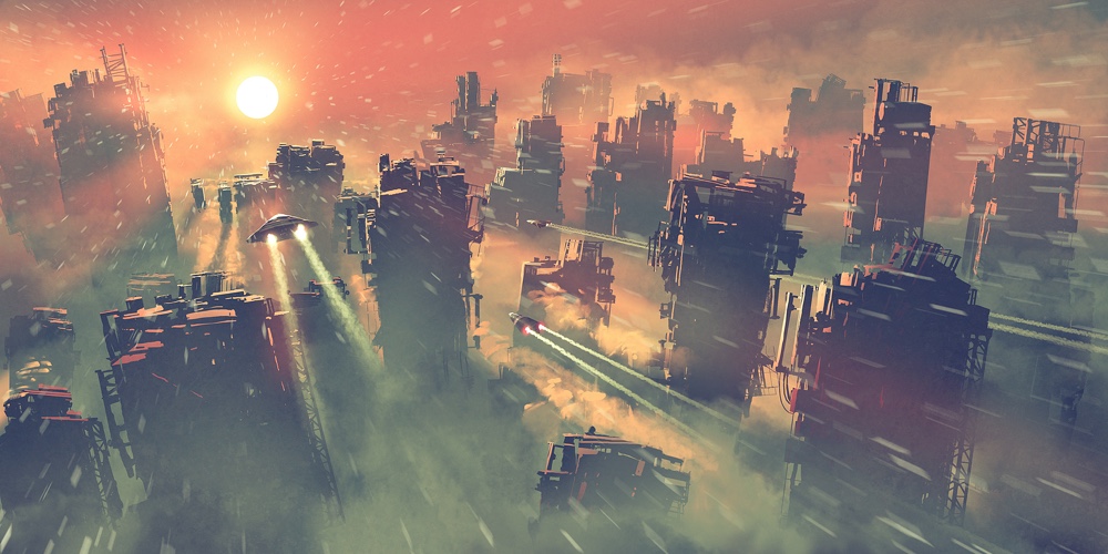 Post Apocalypse Scenery Showing Of Spaceships Flying Above Abandoned Skyscrapers