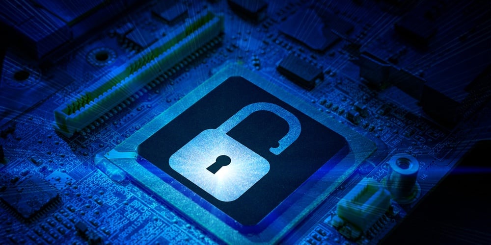 Privacy Secure. Network Security Technology With Computer Processor Chip On Digital Motherboard Back