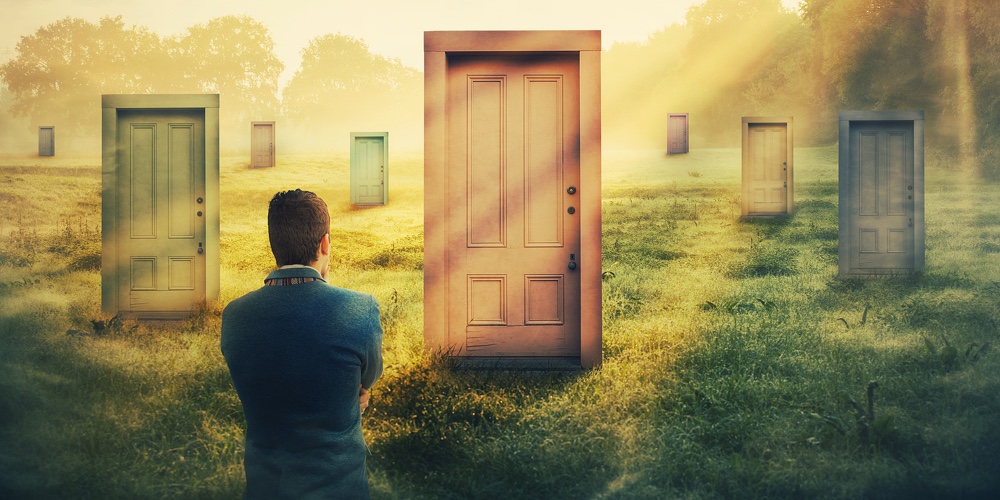 Rear View Man In Front Of Many Different Doors Choosing One. Difficult Decision