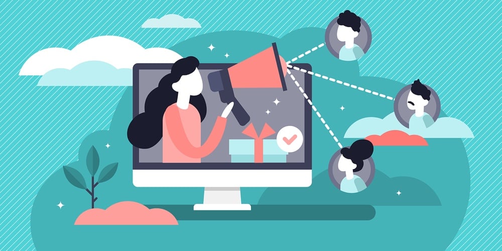 Referral Vector Illustration. Flat Tiny Products Promotion Persons Concept. New Customers Word Of Mo