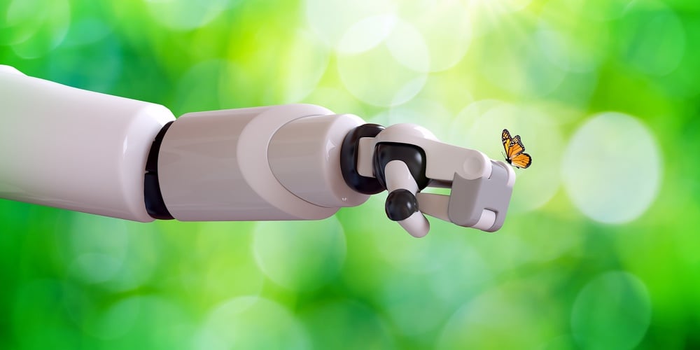 Robot’s Arm With Yellow Butterfly On Green Bokeh Background. Artificial Intelligence And Ecosystem C