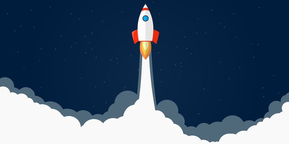 Rocket Launch Vector Illustration. Start Of Rocket With Flames And Smoke. Dark Blue Background With