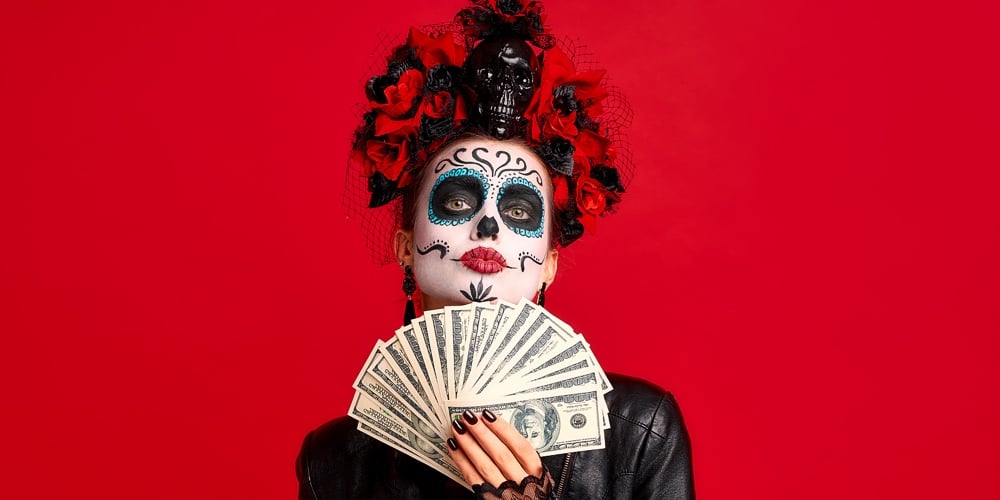 Scary Young Creepy Lady Calavera. Wears Artistic Make-up For The Feast Of All The Dead.wears Black L