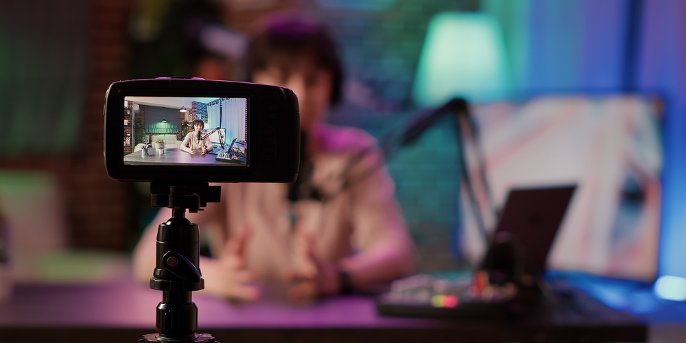 Selective Focus On Digital Video Camera Screen Recording Content Creator Streaming Live Internet Rad
