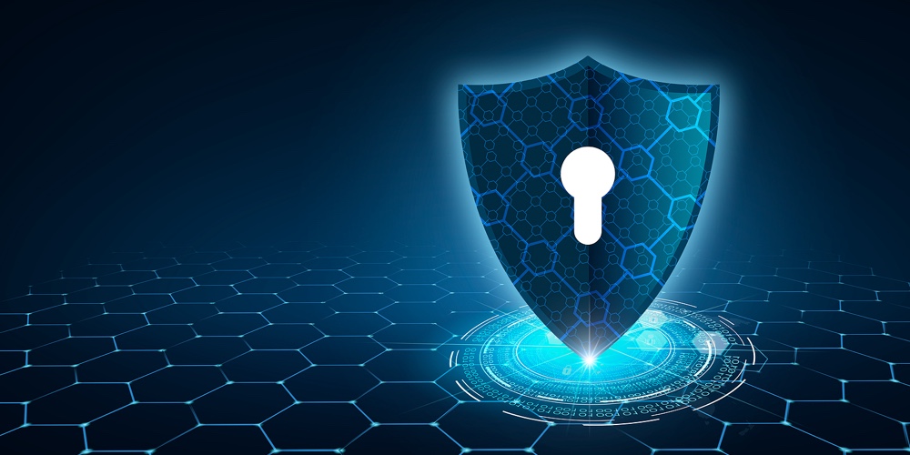 Shield With Key Inside On Blue Background The Concept Of Cybersecurity The Internet