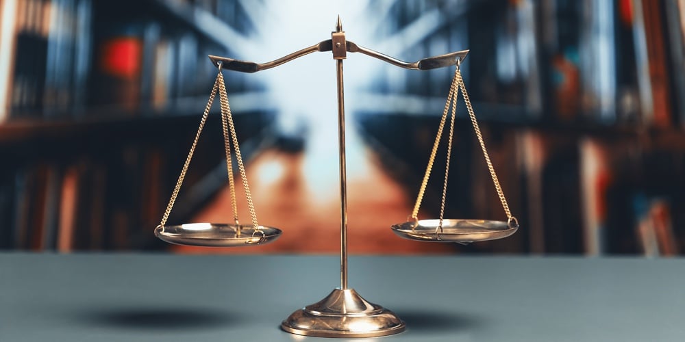 Picture1|Shiny Golden Balanced Scale In Court Library Background As Concept Justice And Fairness Legal Symbol