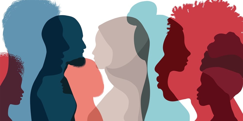 Silhouette Profile Group Of Men And Women Of Diverse Culture. Diversity Multi-ethnic And Multiracial