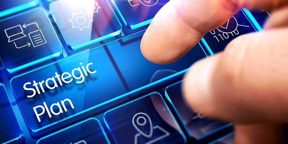 Strategic Plan Button On Futuristic Keyboard.3d. Strategic Plan – Inscription On The Blue Keyboard T