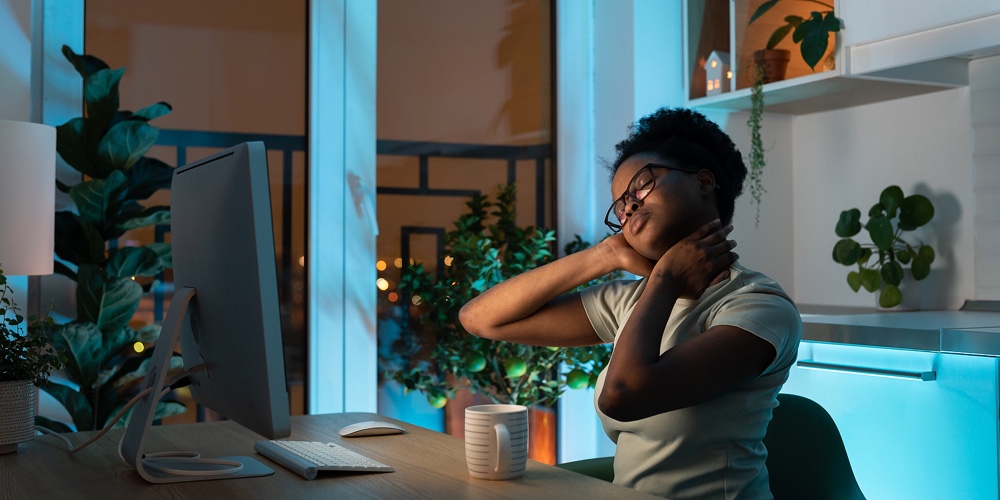 Symptoms Of Overworking. Young Tired Overworked African American Woman Freelancer In Eyeglasses Work