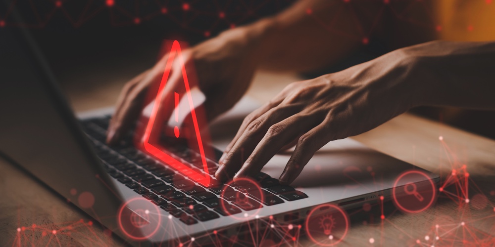 System Hacked Warning Alert On Notebook (laptop). Cyber Attack On Computer Network