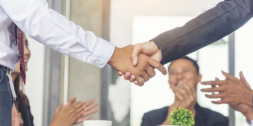 Team Business Partners Shaking Hands Together To Greeting Start Up Small Business In Meeting Room. S