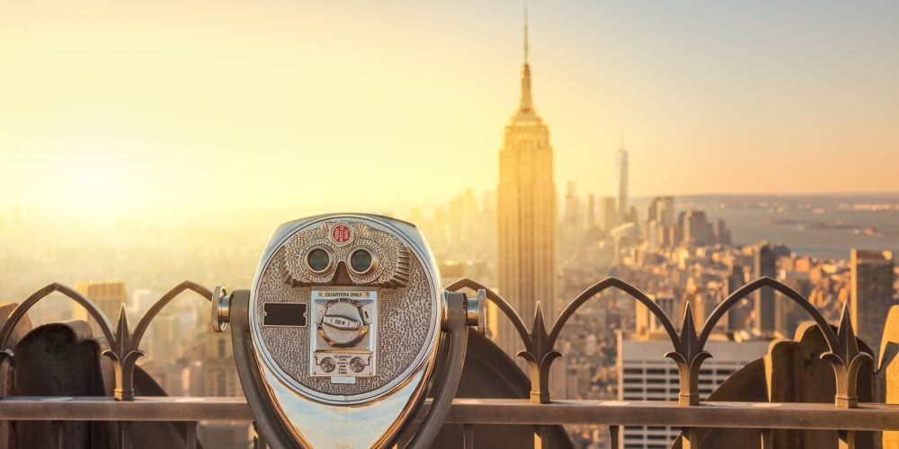 Tourist binoculars overlooking the Manhattan skyline in New York City at the morning