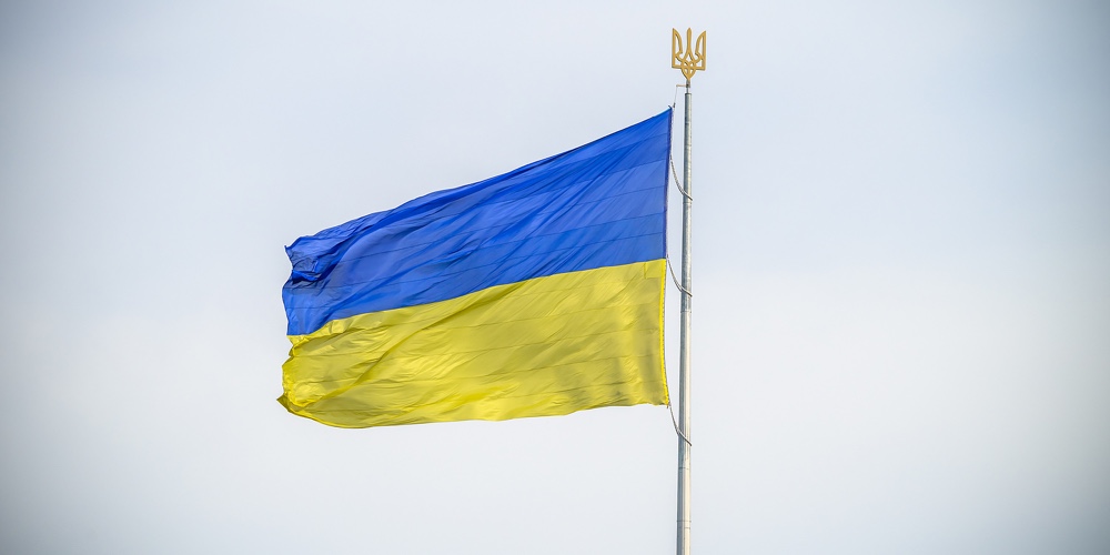 IMG_0721|Ukraine Flag Large National Symbol Fluttering In Blue Sky. Large Yellow Blue Ukrainian State Flag