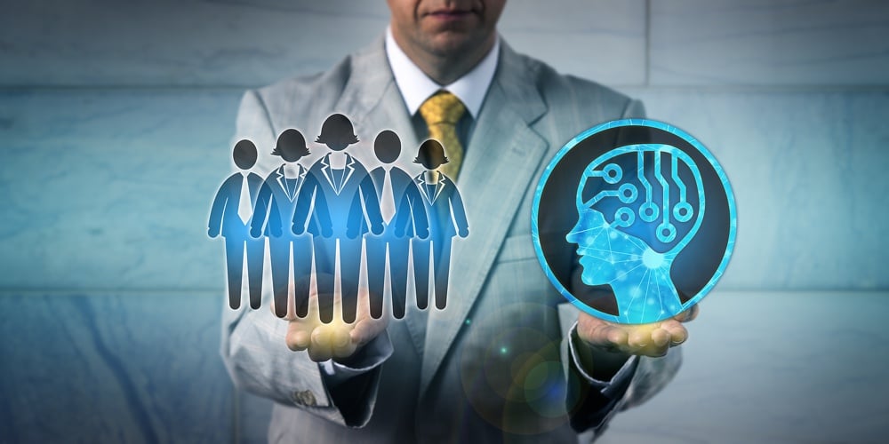 Unrecognizable Hr Manager Is Keeping A White Collar Worker Team In Balance With An Ai App. Concept F