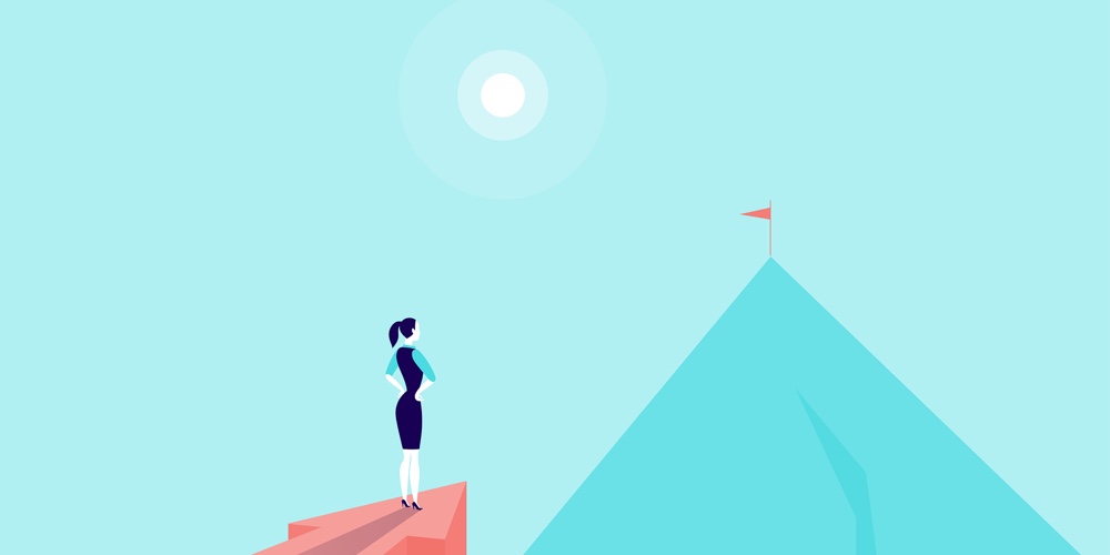 Vector Business Concept Illustration With Businesslady Standing On Big Arrow Pointing On Mountain Pe
