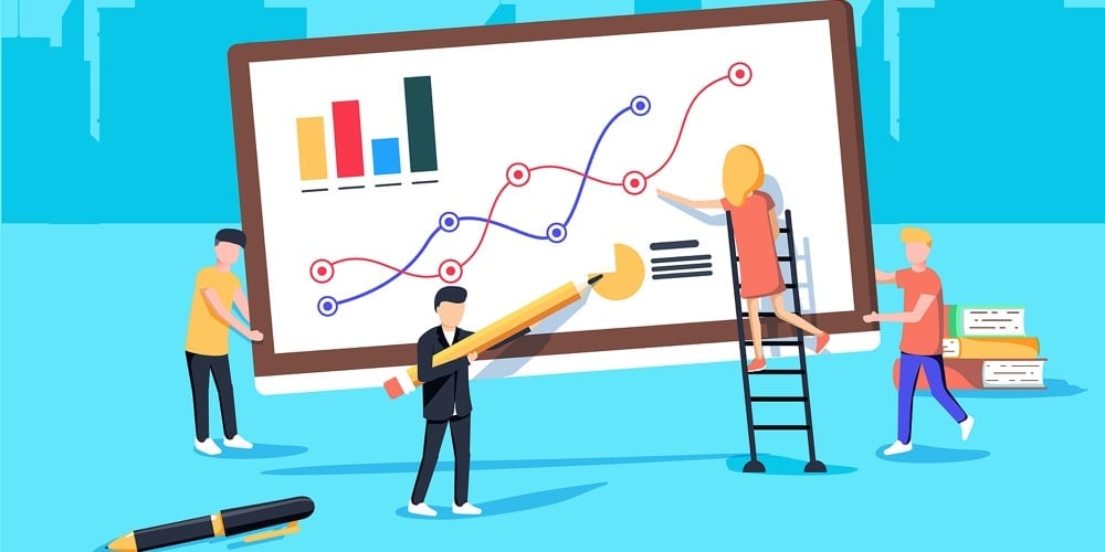 Vector Illustration In Flat Style And Blue Color. Business Analytics And Marketing Concept. Team Wor