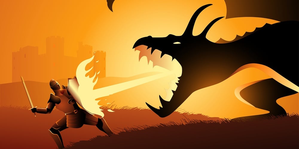 Vector Illustration Of A Knight Fighting A Dragon. Risk