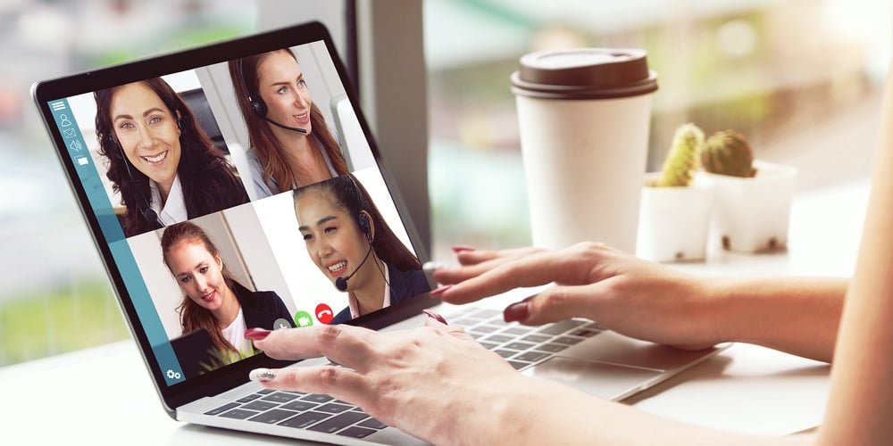 Video Call Business People Meeting On Virtual Workplace Or Remote Office. Telework Conference Call U