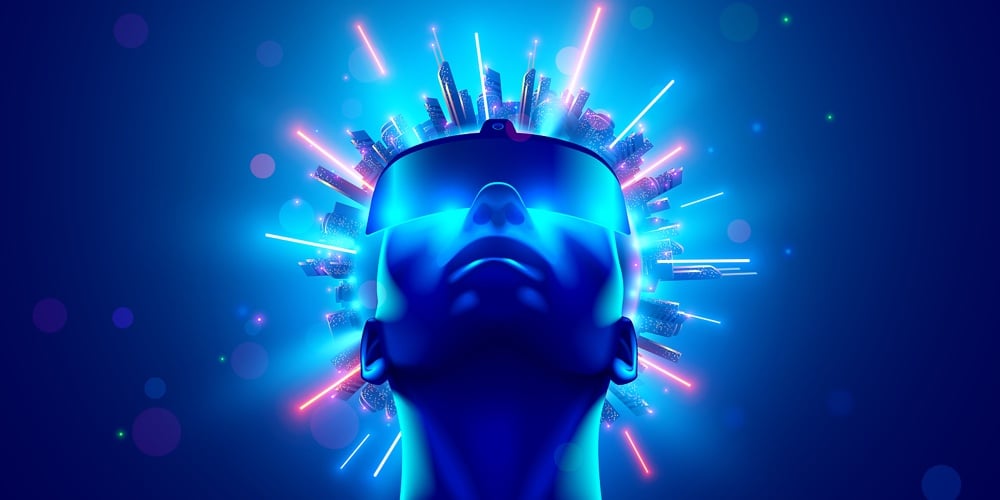 Vr And Ar Technology Futuristic Concept. Man Wearing 3d Vr Headset Glasses Looks Up In Cyberspace Of