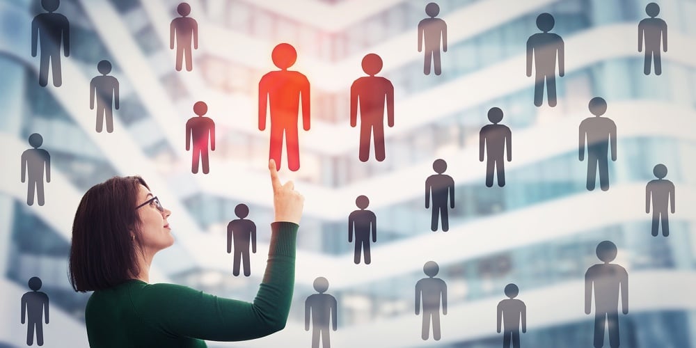 Figure 1|Figure 2|Figure 3|Woman Choosing Staff Accept A Different Person From The Crowd. Employee Selection Group Leadership.