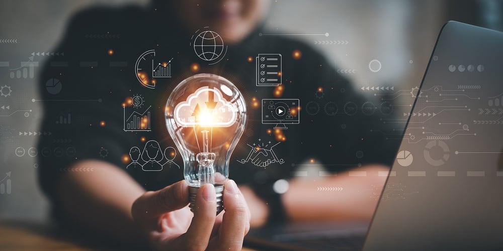 Woman Hand Holding Light Bulb Global Internet Connection. Business Global Internet Connection Applic