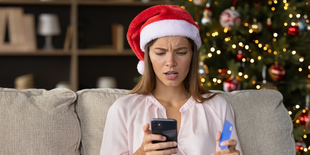 Worried Concerned Girl In Christmas Santa Hat Having Problems