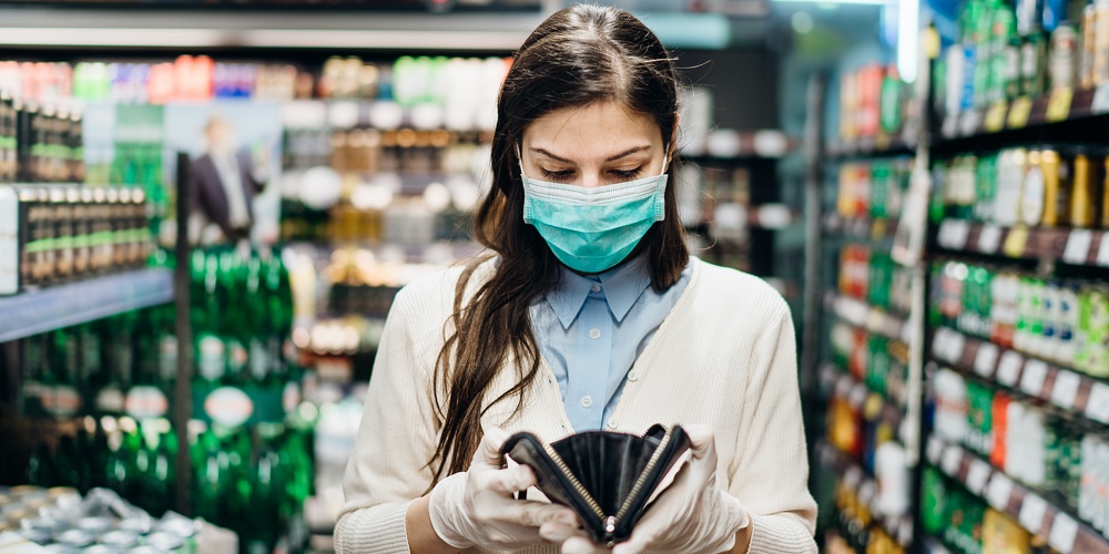 Worried Woman With Mask Groceries Shopping In Supermarket Looking At Empty Wallet.not Enough Money T