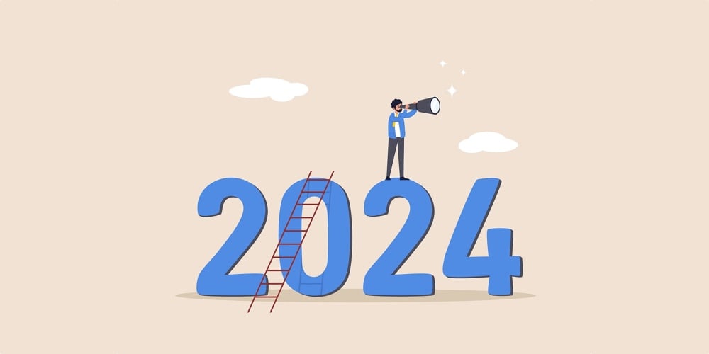 Year 2024 Outlook. Year Review Or Analysis Concept. Economic Forecast Or Future Vision