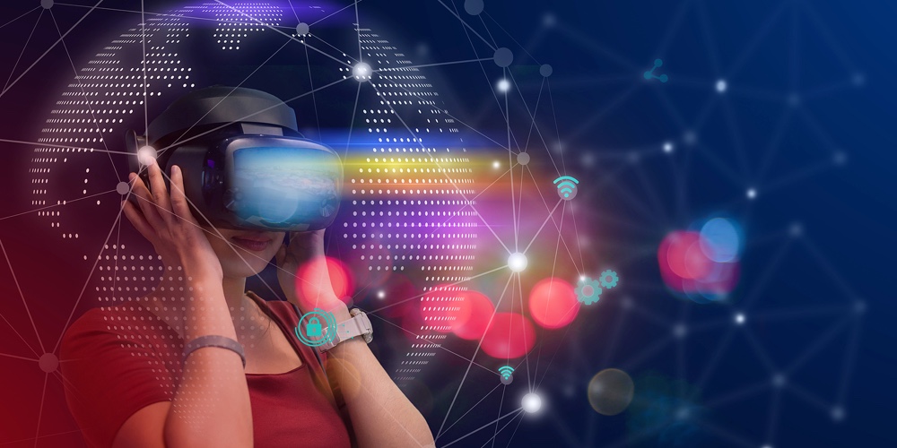 Young Girl Play Vr Virtual Reality Goggle And Experiences Of Metaverse Virtual World On Colorful. Vi
