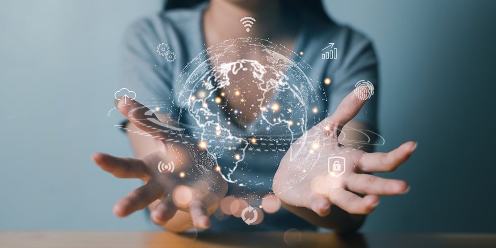 Young Woman Hand Holding Virtual Global Internet Connection Metaverse. Business Global Internet Conn