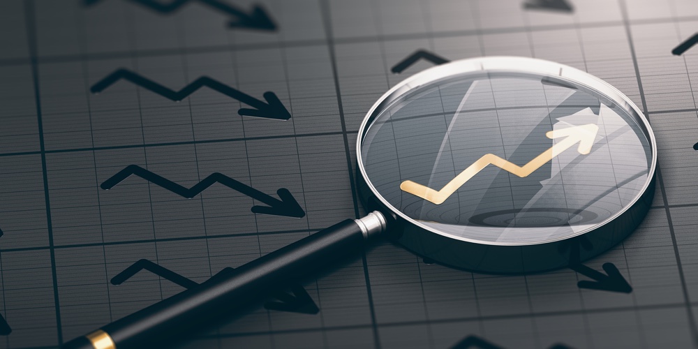 3d Illustration Of A Magnifying Glass Over A Golden Positive Chart Symbol. Concept Of Investing Oppo
