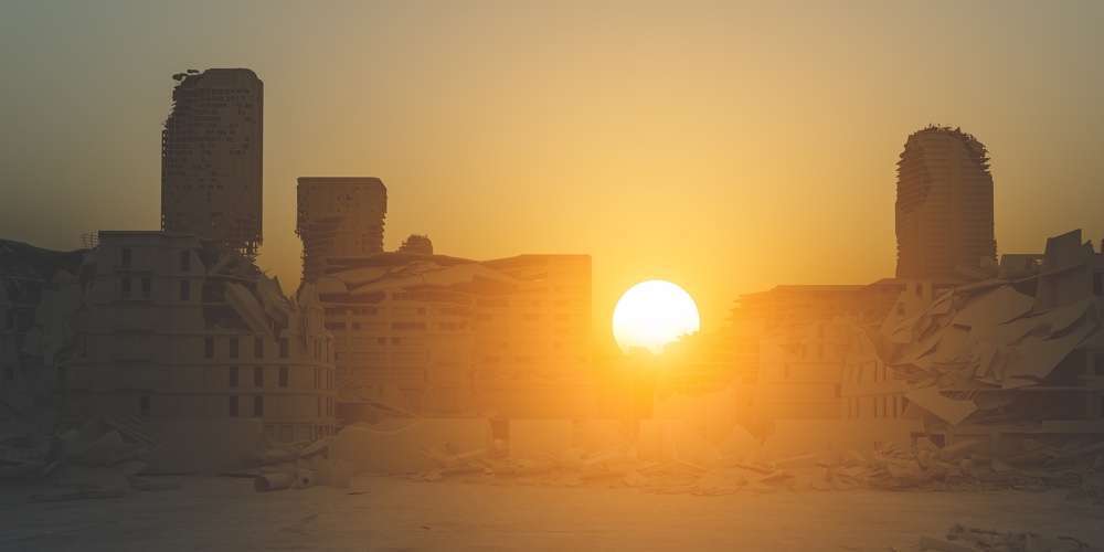 destroyed city at sunset
