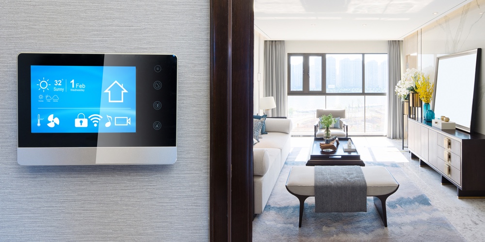 smart home system on intelligence screen on wall and background of modern living room
