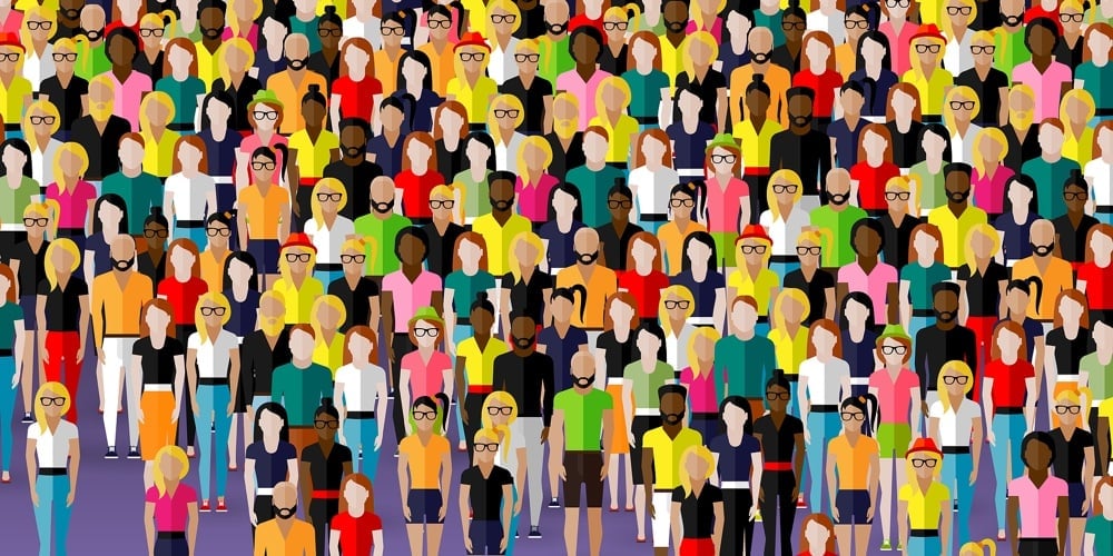 vector flat illustration of society members with a crowd of men and women. population. urban lifesty