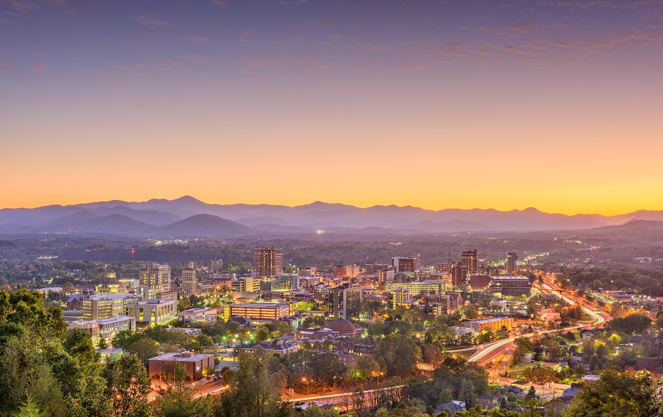 Ashville, North Carolina, USA skyline and landscape after sunset.