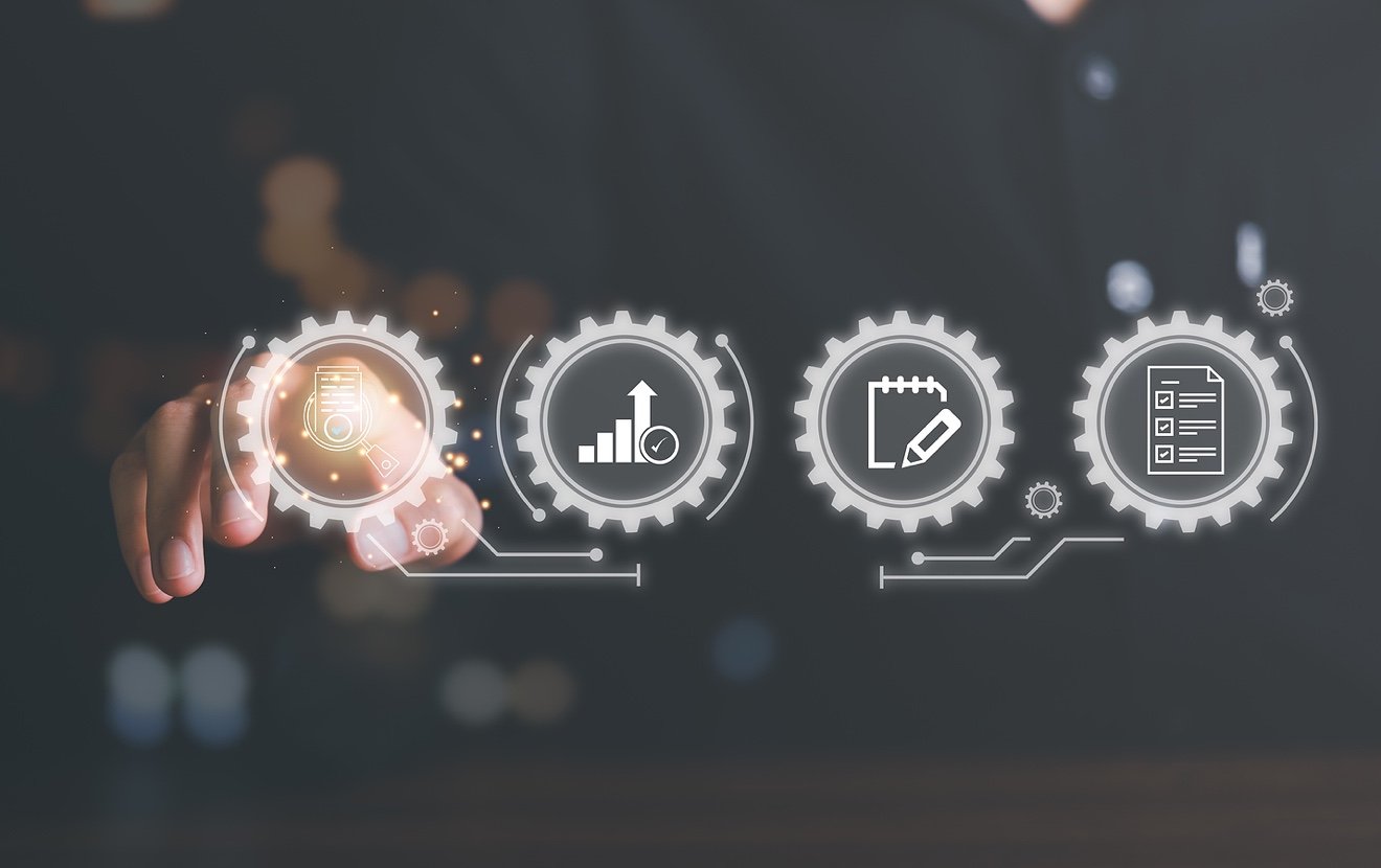 Businessman Audit Data Through Virtual Icons, Quality Assessment Management With A Checklist, Busine