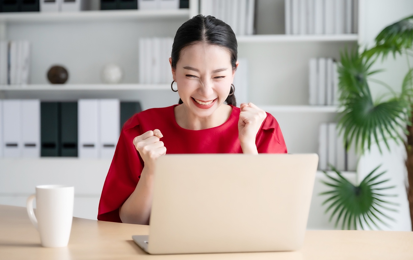 Excited Female Feeling Euphoric Celebrating Online Win Success Achievement Result, Young Woman Happy