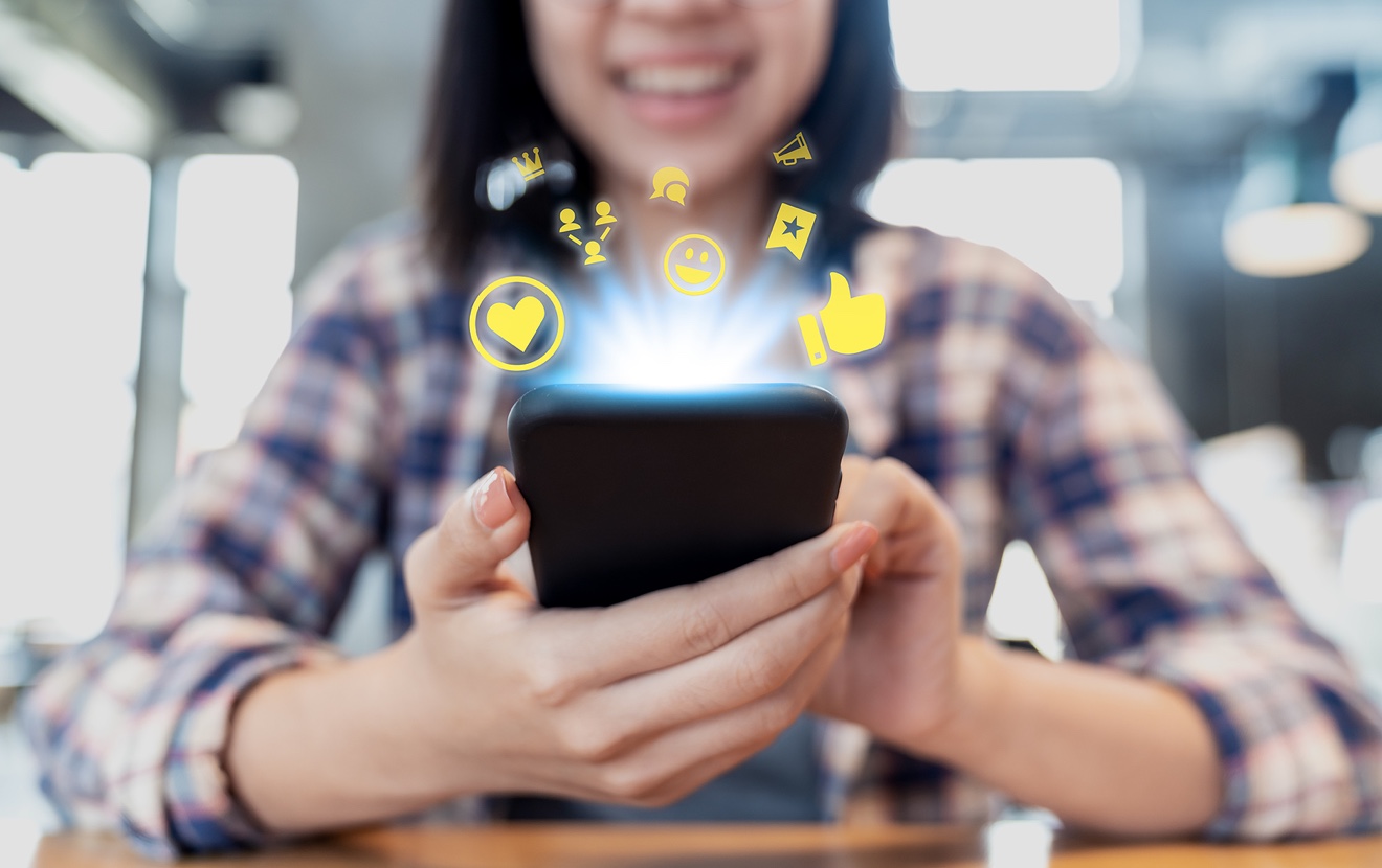 Close Up Smartphone Social Media Network Sharing And Commenting In Online Community. Influencer Woma