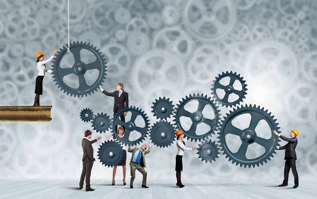 Conceptual image of businessteam working cohesively. Interaction and unity