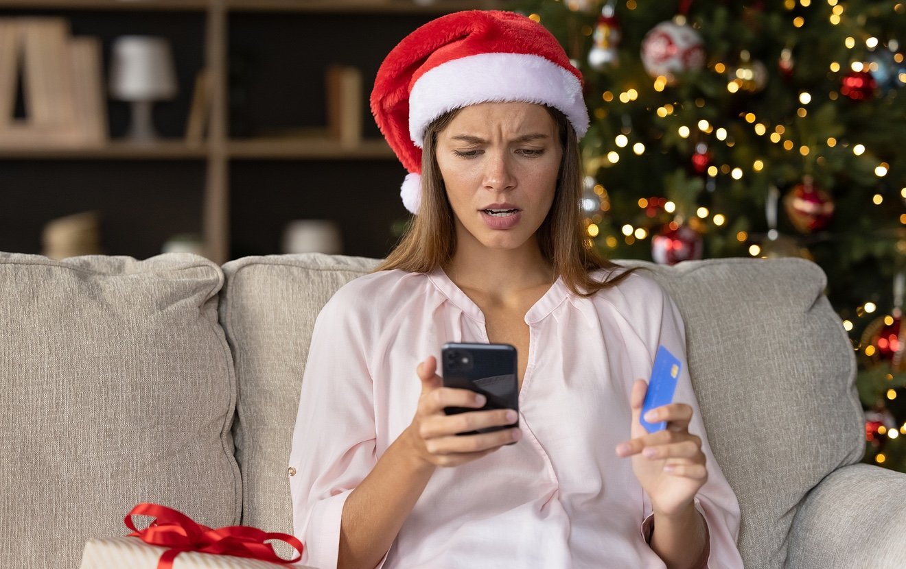 Worried Concerned Girl In Christmas Santa Hat Having Problems