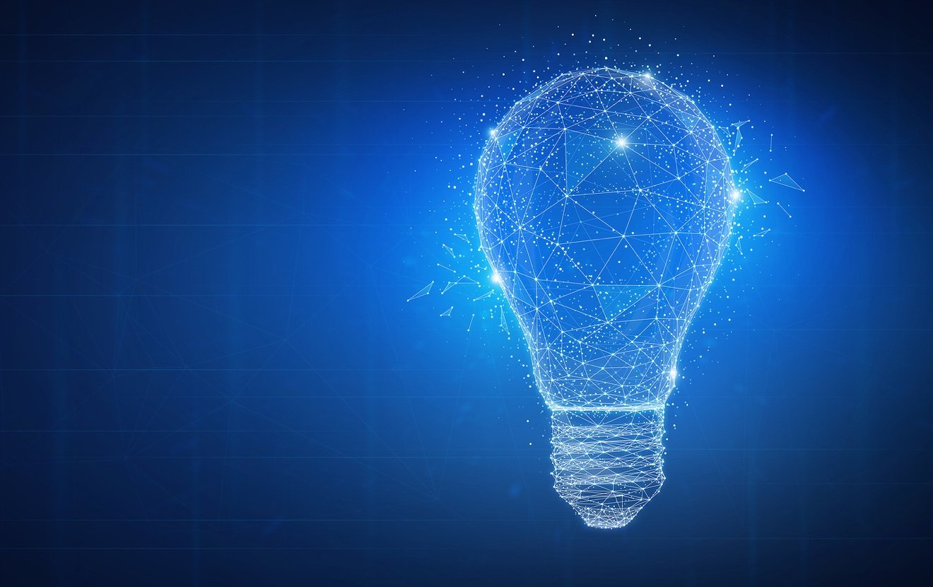 Polygon idea light bulb on blockchain technology network hud background. Global cryptocurrency block