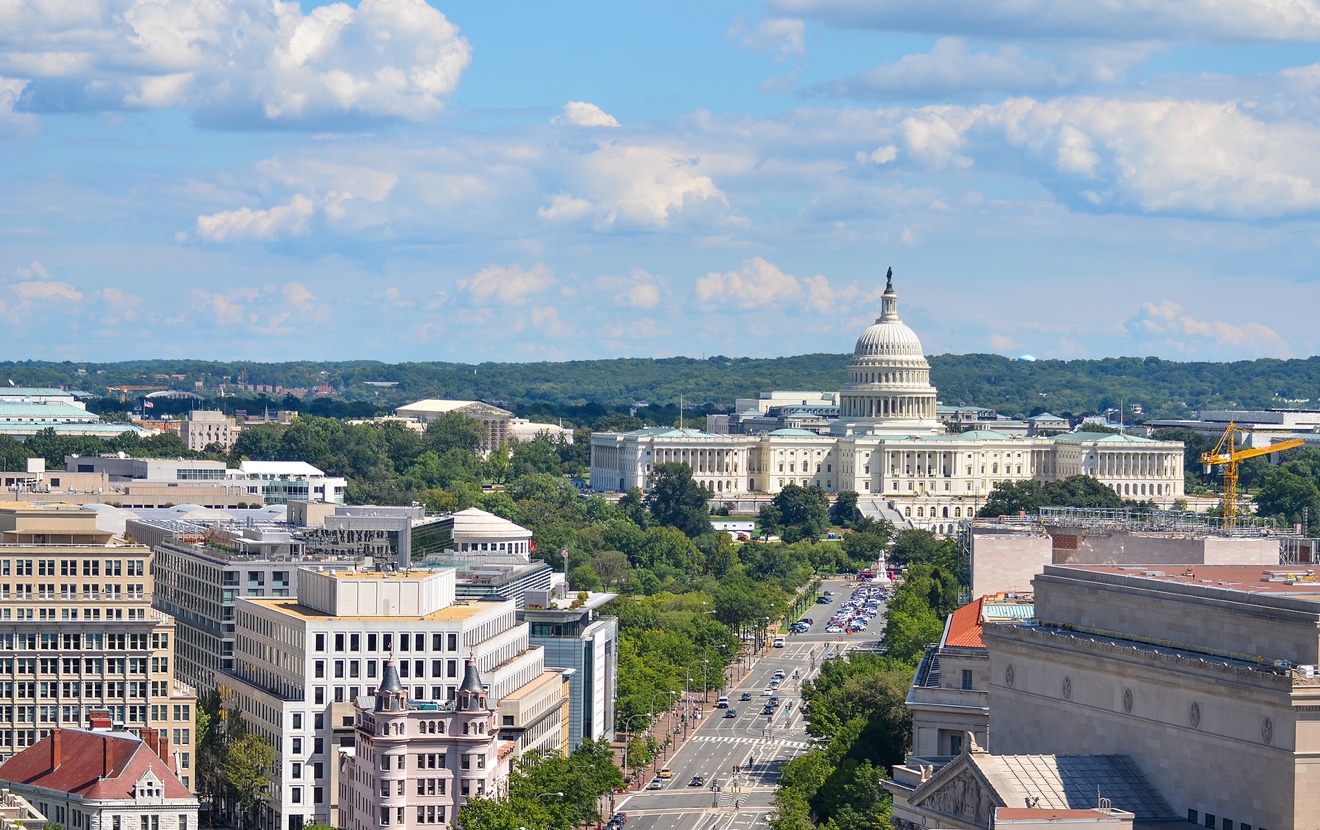 Washington DC – Aerial view of Pennsylvania street with federal buildings including US Archives buil